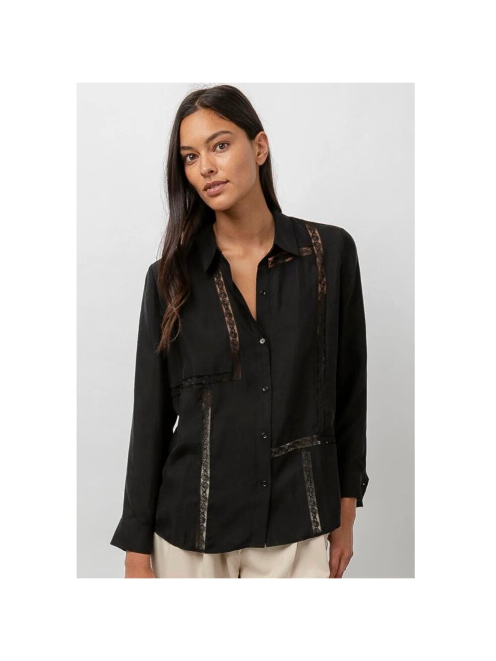 Rails Mona Long Sleeve Lace Detail Black Button Front Shirt Top S